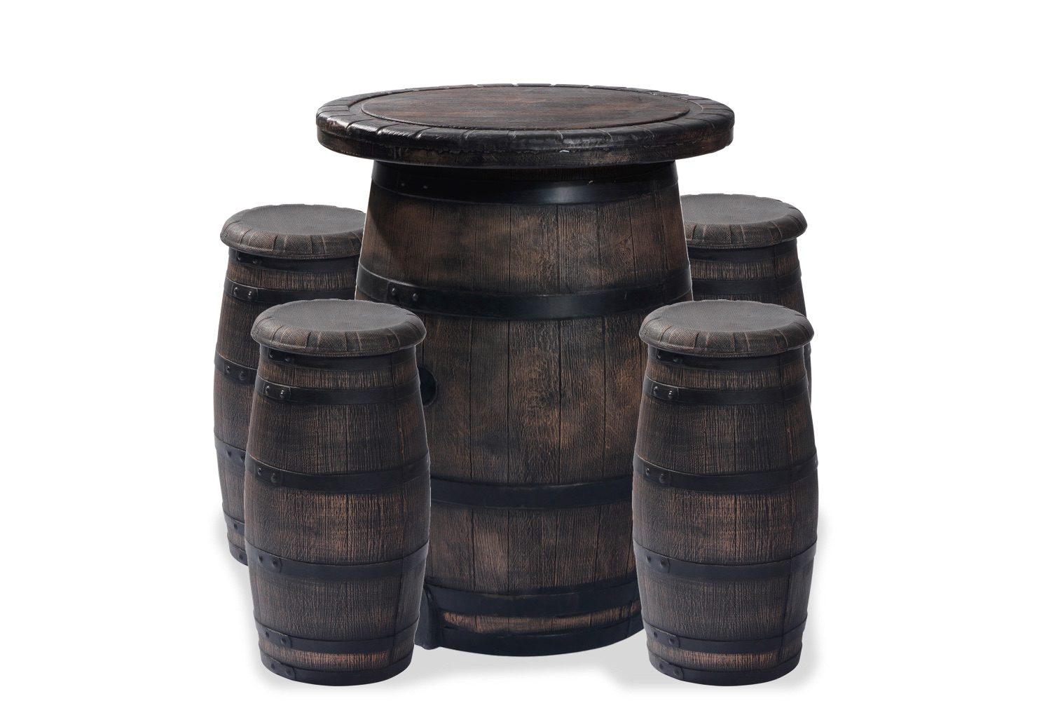 Barrel-set – 1 wijnvat-statafel + 4 barkrukken | Houtlook & onderhoudsvrij kunststof